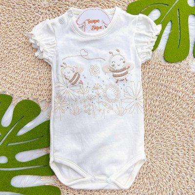 Kit 3 Peças - Bodys Manga Curta Abelha Fofa com Tule - Rosa, Off White e Rose